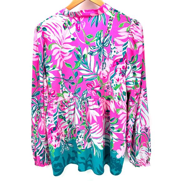 Lilly Pulitzer Blouse Womens Medium Winona Tunic V-Neck Peplum Waist Pink Blue - Picture 5 of 8